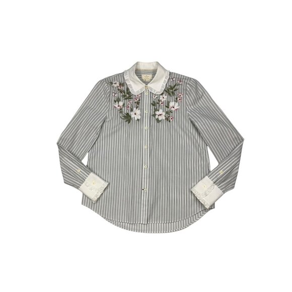 Kate Spade Embroidered Ruffle Top Blouse XS White Black Stripe Floral - Picture 14 of 14
